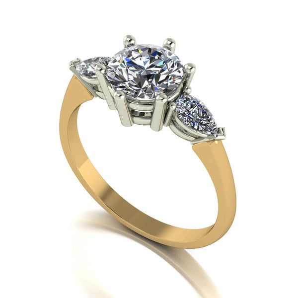 1.70ct (1x7.0mm Rnd & 2x 5x3mm Pear ) Round & Pear Moissanite Set Three Stone Ring