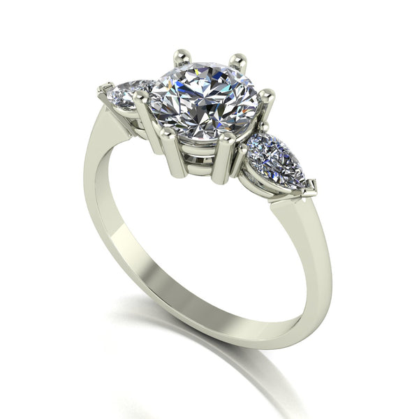 1.70ct (1x7.0mm Rnd & 2x 5x3mm Pear ) Round & Pear Moissanite Set Three Stone Ring