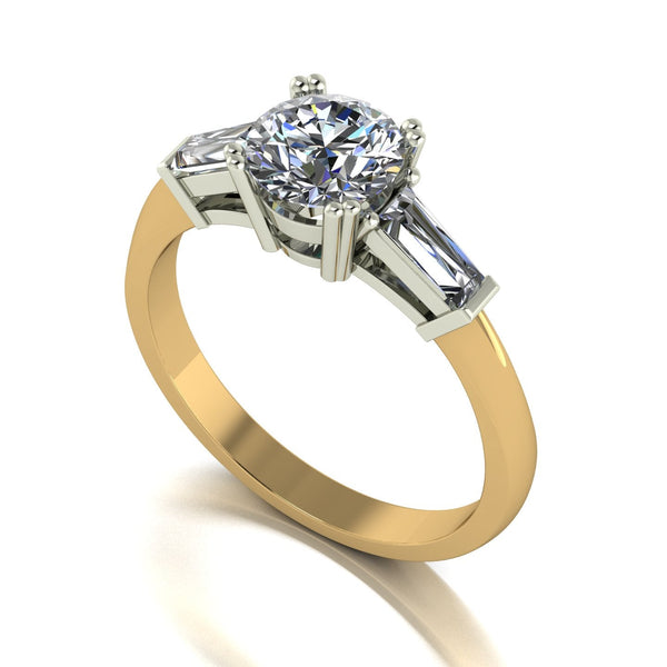 1.50ct (1x 6.5mm Rnd & 2x 5x2.5mm Bag) Round & Baguette Moissanite Set Three Stone Ring
