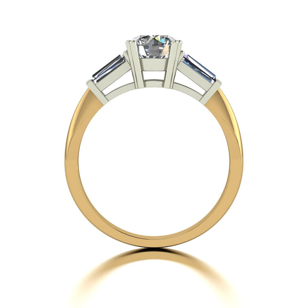 1.50ct (1x 6.5mm Rnd & 2x 5x2.5mm Bag) Round & Baguette Moissanite Set Three Stone Ring