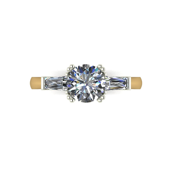 1.50ct (1x 6.5mm Rnd & 2x 5x2.5mm Bag) Round & Baguette Moissanite Set Three Stone Ring