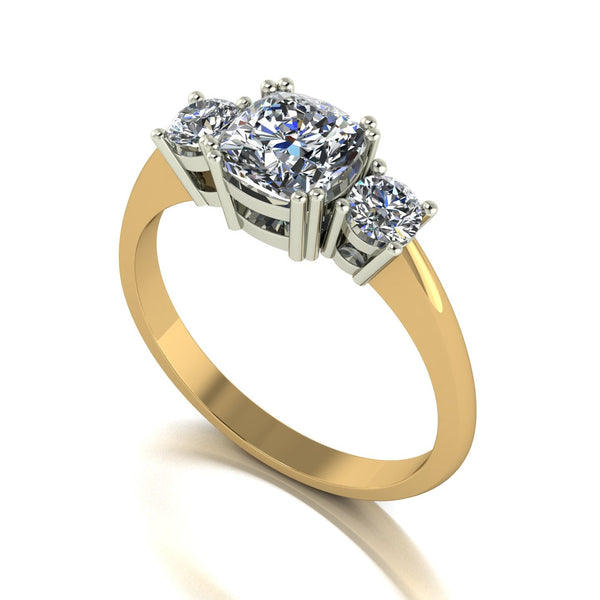 1.40ct (1x 6.0mm Cush & 2x 3.5mm Rnd) Cushion & Round Moissanite Set Three Stone Ring
