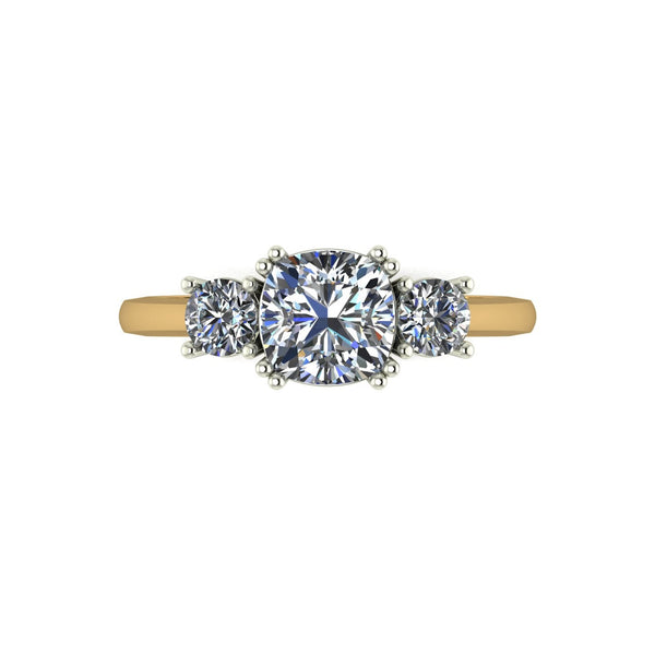 1.40ct (1x 6.0mm Cush & 2x 3.5mm Rnd) Cushion & Round Moissanite Set Three Stone Ring