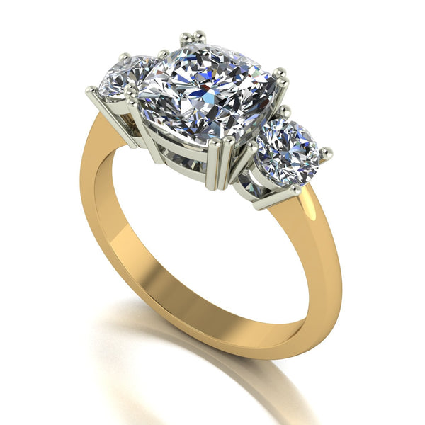 3.50ct (1x 8.5mm Cush & 2x 4.5mm Rnd) Cushion & Round Moissanite Set Three Stone Ring