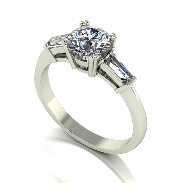 1.50ct (1x 6.5mm Rnd & 2x 5x2.5mm Bag) Round & Baguette Moissanite Set Three Stone Ring