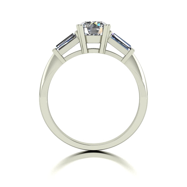 1.50ct (1x 6.5mm Rnd & 2x 5x2.5mm Bag) Round & Baguette Moissanite Set Three Stone Ring