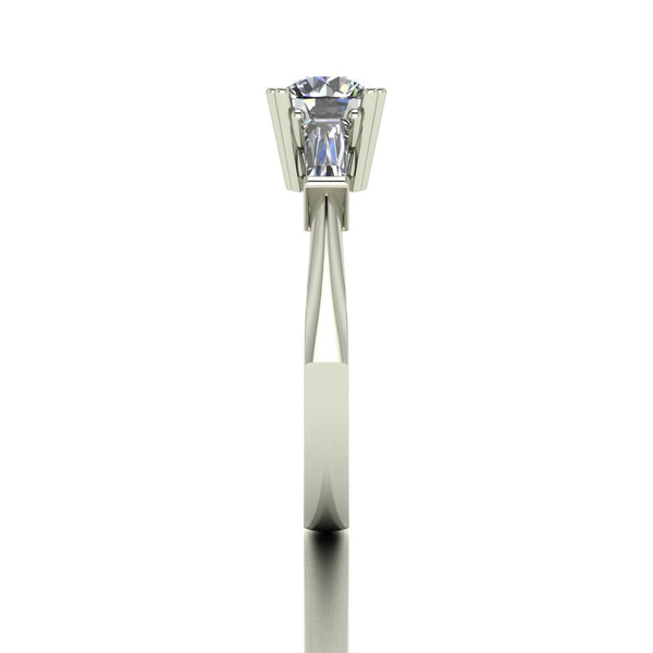 1.50ct (1x 6.5mm Rnd & 2x 5x2.5mm Bag) Round & Baguette Moissanite Set Three Stone Ring