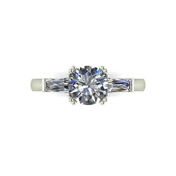 1.50ct (1x 6.5mm Rnd & 2x 5x2.5mm Bag) Round & Baguette Moissanite Set Three Stone Ring