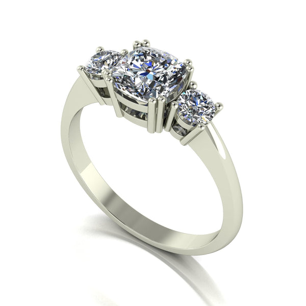 1.40ct (1x 6.0mm Cush & 2x 3.5mm Rnd) Cushion & Round Moissanite Set Three Stone Ring