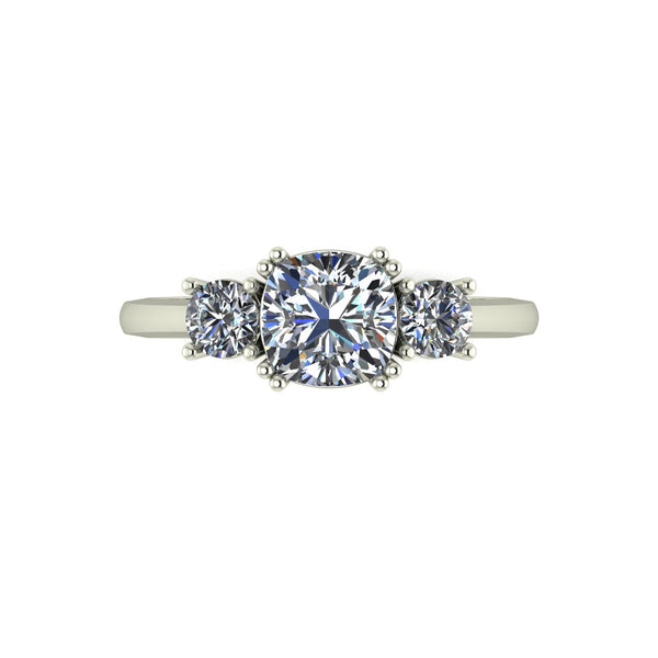 1.40ct (1x 6.0mm Cush & 2x 3.5mm Rnd) Cushion & Round Moissanite Set Three Stone Ring