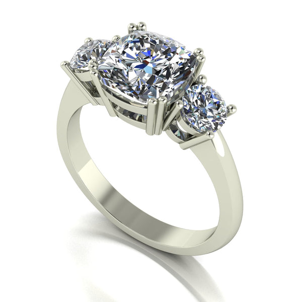 3.50ct (1x 8.5mm Cush & 2x 4.5mm Rnd) Cushion & Round Moissanite Set Three Stone Ring