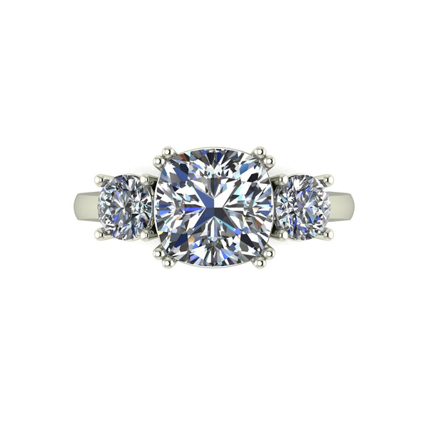 3.50ct (1x 8.5mm Cush & 2x 4.5mm Rnd) Cushion & Round Moissanite Set Three Stone Ring