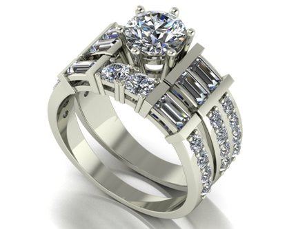 2.50ct (1x 6.5mm & 24x 1.8 & 2x 3.0mm Rnd & 6x 4x2mm Bag) Round & Baguette Moissanite Bridal Set Ring
