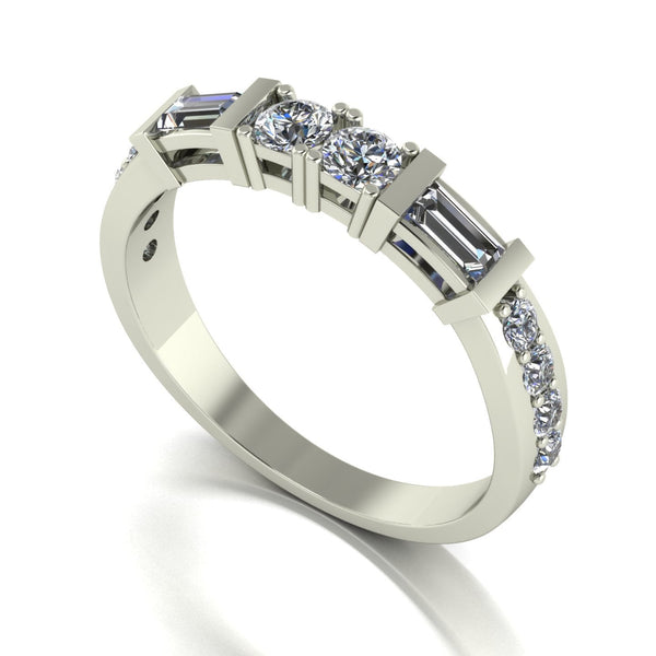0.70ct (2x 3.0 & 8x 1.8mm Rnd & 2x 4x2mm Bag) Round & Baguette Moissanite Set Eternity Ring
