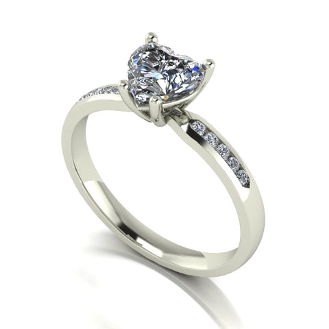 1.10ct (1x 6.5mm Hrt & 10x 1.3mm Rnd) Heart & Round Moissanite Set Shoulder Single Stone Ring