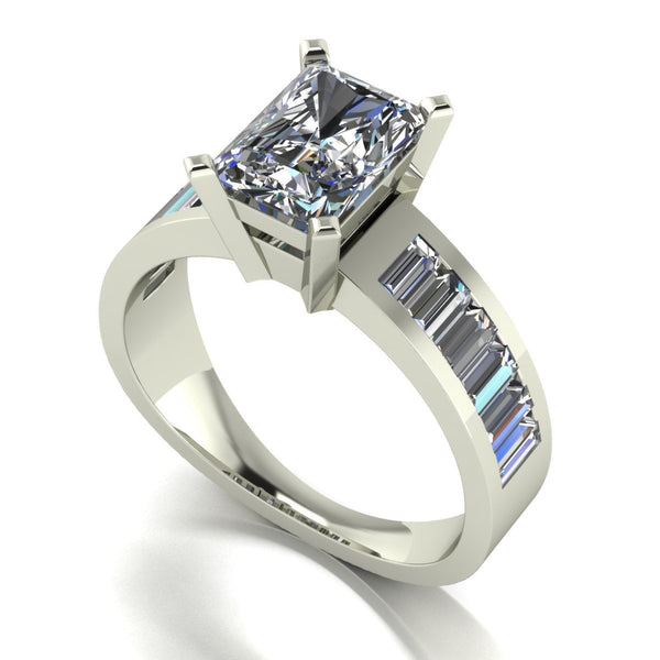 3.30ct (1x 8x6mm Rad & 12x 4x2mm Bag) Radiant & Baguette Moissanite Set Shoulders Single Stone Ring